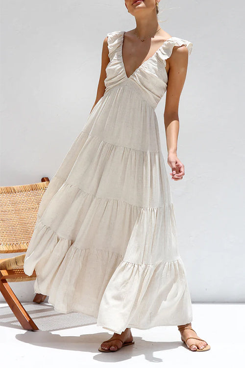 Wear A Vibe™ | Ruffle Trim Tiered Sleeveless Linen Maxi Dress