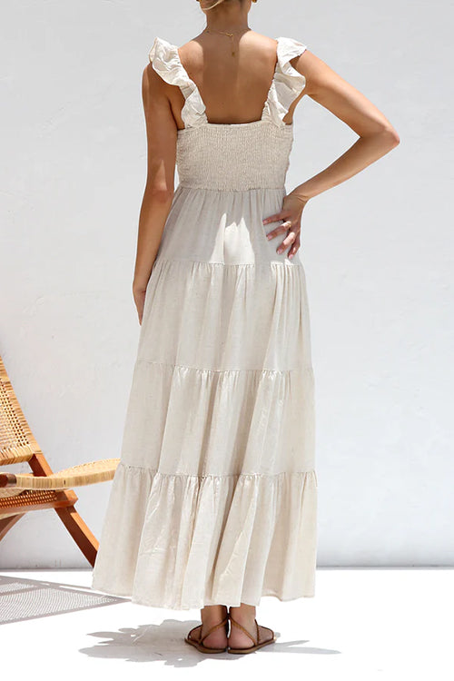 Wear A Vibe™ | Ruffle Trim Tiered Sleeveless Linen Maxi Dress