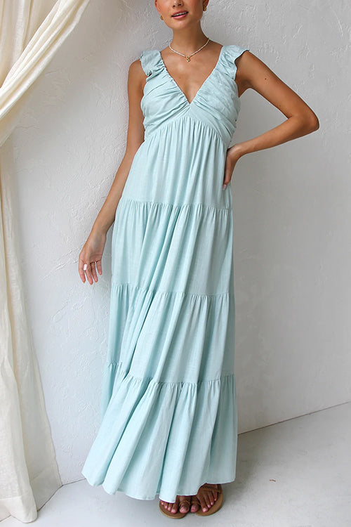 Wear A Vibe™ | Ruffle Trim Tiered Sleeveless Linen Maxi Dress