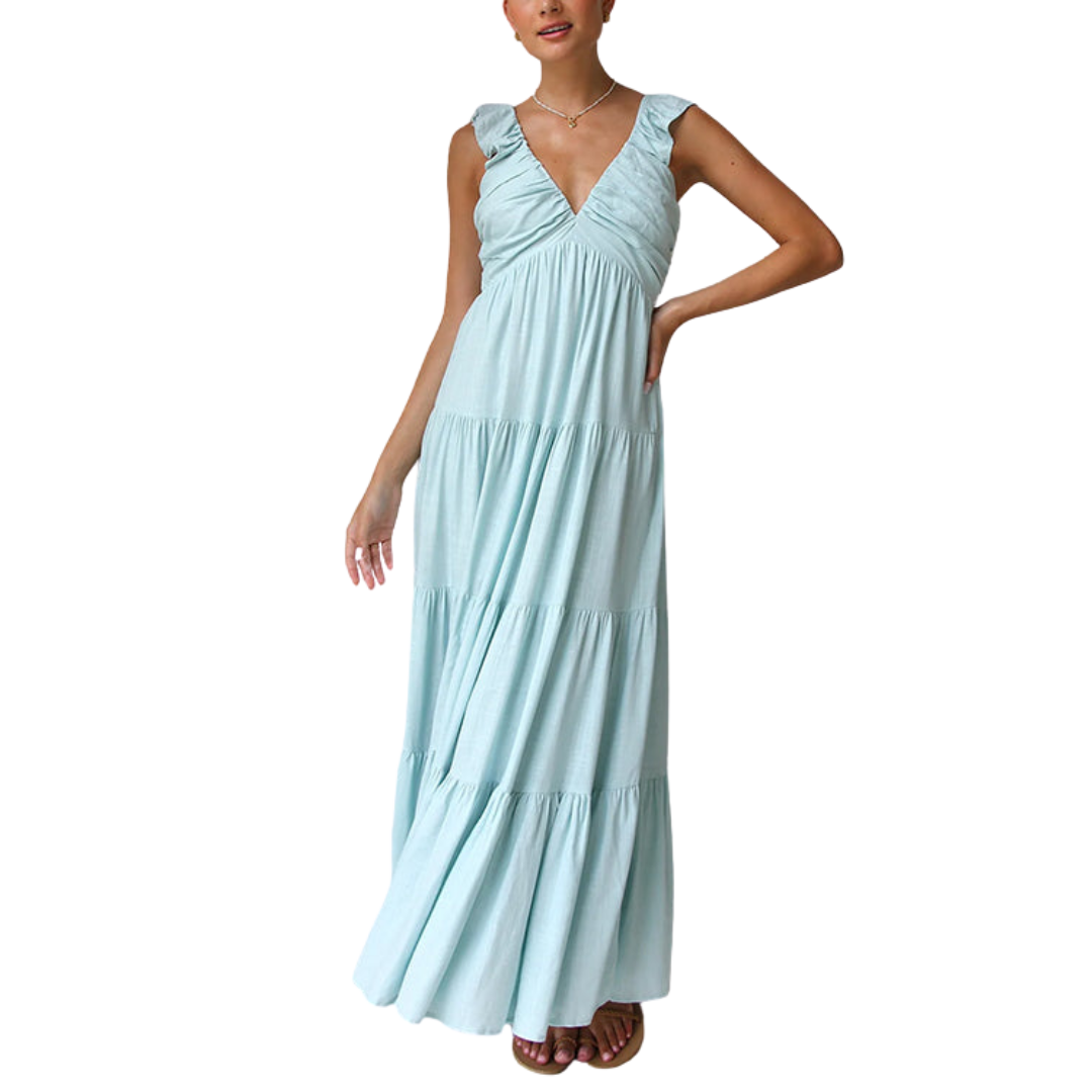 Wear A Vibe™ | Ruffle Trim Tiered Sleeveless Linen Maxi Dress