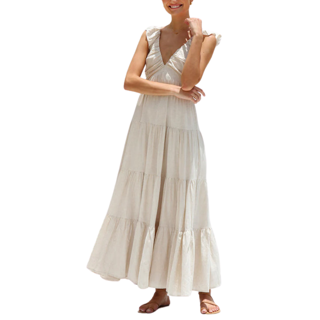 Wear A Vibe™ | Ruffle Trim Tiered Sleeveless Linen Maxi Dress