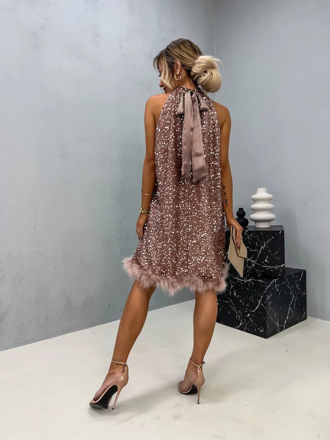 Wear A Vibe™ | Sequin Halter Dress with Feather Hem